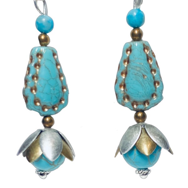 Turquoise with subtle gold veined bead drop earrings adorned with antique silver & brass bead cap with a turquoise with gold studded bead.