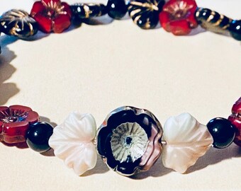 Burgundy Black Czech Glass Floral Bracelet: Picasso Wash, Black, Ivory Leaves