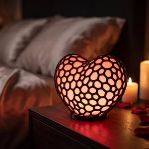 Può includere: Lampada a forma di cuore con un design a nido d'ape nero, che emette una calda luce rossa. La lampada è su un comodino di legno scuro, con candele e petali di rosa sullo sfondo, creando un'atmosfera romantica.