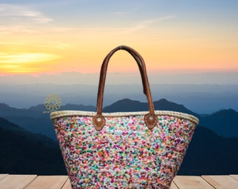 Sequin Baskets Multicolor Star, Design Beach Bag,Moroccan Basket, French Baskets,  Straw bag, Tote Bag, Market Basket