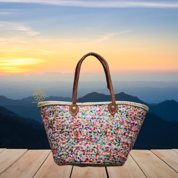 Paniers à paillettes étoile multicolore, sac de plage design, panier marocain, paniers français, sac en paille, sac fourre-tout, panier de marché