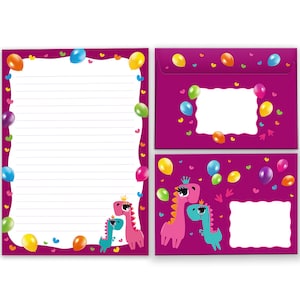 Briefpapier-Set Dino Briefblock Umschläge Blöcke für Jungs Mädels Mädchen Motiv A5 Notizblock Papier cooles Heft Dinosaurier Luftballons