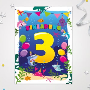 Einladungskarten Hai zum 3.  Kindergeburtstag Karten zum Geburtstag Hai-Motiv für Mädchen Jungen Jungs Einladungen Haifisch Krabbe Oktopus