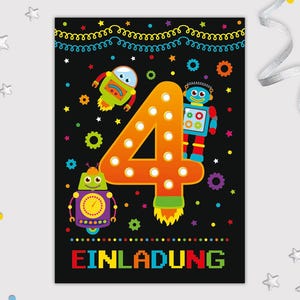 Roboter Einladungskarten zum 4. Kindergeburtstag für Jungen Jungs coole bunte Einladungen vierte Geburtstag Jungsgeburtstag