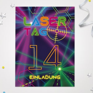 Einladungskarten Lasertag zum 14. Kindergeburtstag coole Karten zum Geburtstag Lasertag-Motiv für Mädchen Jungen Jungs Mädels Einladungen