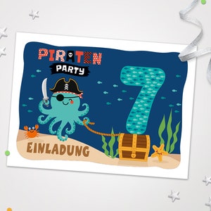 Einladungskarten Krake zum 7. Kindergeburtstag coole Einladungen zum Geburtstag Piraten-Motiv für Jungen Jungs Piraten Seestern Schatztruhe