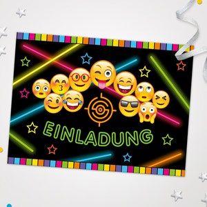 Einladungskarten Lasertag zum Kindergeburtstag coole Karten zum Geburtstag für Mädchen Jungen Jungs Mädels Einladungen Smiley Motiv Disco