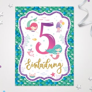 Einladungskarten Meerjungfrau zum 5. Kindergeburtstag coole Einladungen zum Geburtstag Meerjungfrau-Motiv für Mädchen Mädels Nixe Meernixe