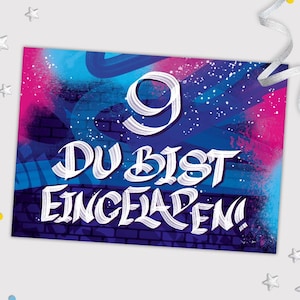 Einladungskarten zum 9. Kindergeburtstag Graffiti coole Karten neunte Geburtstag Mädchen Jungen Jungs Einladungen Geburtstagseinladungen