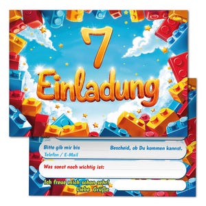 Einladungskarten Bausteine zum 7. Kindergeburtstag coole Einladungen zum siebten Geburtstag Bauklötze-Motiv für Jungen Jungs Building Bricks