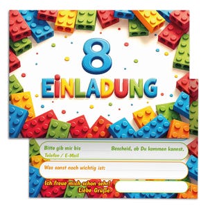 Einladungskarten Bausteine zum 8. Kindergeburtstag coole Einladungen zum achten Geburtstag Bauklötze-Motiv Jungen Jungs Building Bricks