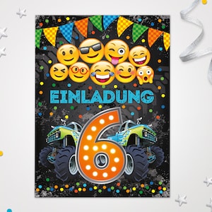 Einladungskarten Emoticons zum 6. Kindergeburtstag coole Karten zum Geburtstag für Mädchen Jungen Jungs Mädels Einladungen Smiley Truck Auto