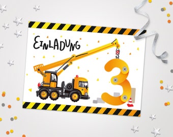 Einladungskarten Baustelle zum 3. Kindergeburtstag coole Einladungen zum Geburtstag Baustelle-Motiv für jungen Jungs Bagger Autos LkW Kran