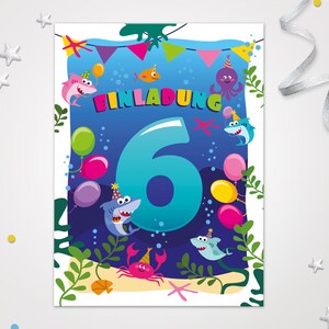 Einladungskarten Hai zum 6. Kindergeburtstag Karten zum Geburtstag Hai-Motiv für Mädchen Jungen Jungs Einladungen Haifisch Krabbe Oktopus