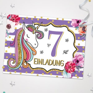Einladungskarten Einhorn zum 7. Kindergeburtstag Einladungen zum Geburtstag Einhorn-Motiv für Mädchen Mädels Karten Blumen schöne Karten