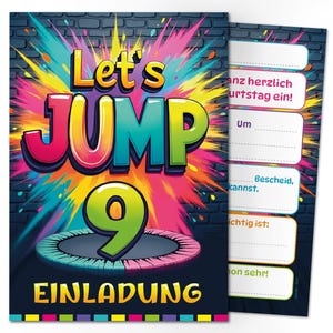 Jump Einladungskarten zum 9. Kindergeburtstag Einladungen neunte Geburtstag Trampolin Mädchen Jungen Mädels Kinder Springen Jumpen Jump-Park