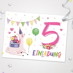 Einladungskarten Lama zum 5.Kindergeburtstag coole Einladungen zum Geburtstag Lama-Motiv für Mädchen Mädels Karten Lama schöne Karten Alpaka