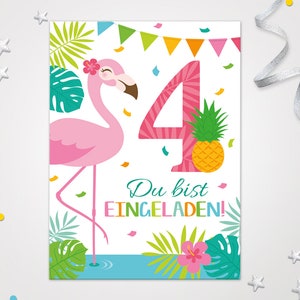 Einladungskarten zum 4. Kindergeburtstag Flamingo coole Einladungen zum vierten Geburtstag Flamingo-Motiv für Mädchen Mädels pink Flamingo