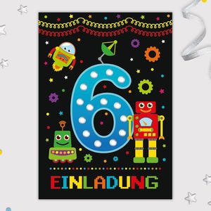 Roboter Einladungskarten zum 6. Kindergeburtstag für Jungen Jungs coole bunte Einladungen sechste Geburtstag Jungsgeburtstag