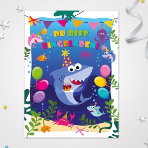 Einladungskarten Hai zum Kindergeburtstag Karten zum Geburtstag Hai-Motiv für Mädchen Jungen Jungs Einladungen Haifisch Krabbe Oktopus