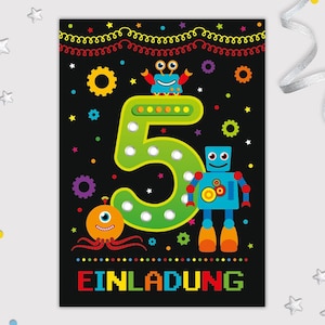 Roboter Einladungskarten zum 5. Kindergeburtstag für Jungen Jungs coole bunte Einladungen fünfte Geburtstag Jungsgeburtstag