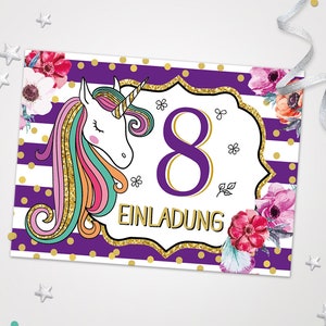 Einladungskarten Einhorn zum 8. Kindergeburtstag Einladungen zum Geburtstag Einhorn-Motiv für Mädchen Mädels Karten Blumen schöne Karten
