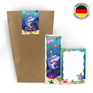 Mitgebsel-Set Hai Tüten Aufkleber Mini-Notizblöcke Lesezeichen klein Gastgeschenke für Kindergeburtstag Jungen Haifisch Fische Meer Krabbe
