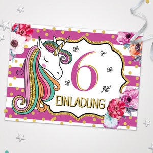 Einladungskarten Einhorn zum 6. Kindergeburtstag Einladungen zum Geburtstag Einhorn-Motiv für Mädchen Mädels Karten Blumen schöne Karten