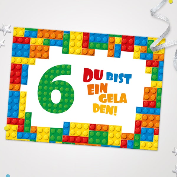 Einladungskarten Bausteine zum 6. Kindergeburtstag coole Einladungen zum Geburtstag Bauklötze-Motiv für jungen Jungs Mädchen Building Bricks