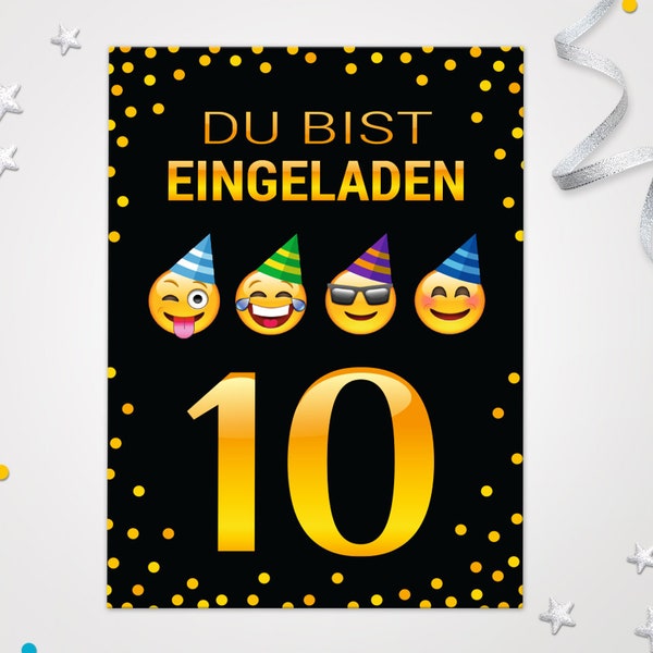 Einladungskarten Emoticons zum 10. Kindergeburtstag coole Karten zum Geburtstag für Mädchen Jungen Jungs Mädels Einladungen Smiley Motiv