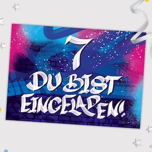 Einladungskarten zum 7. Kindergeburtstag Graffiti coole Karten siebte Geburtstag Mädchen Jungen Jungs Einladungen Geburtstagseinladungen