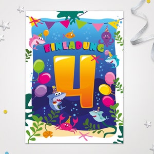 Einladungskarten Hai zum 4. Kindergeburtstag Karten zum Geburtstag Hai-Motiv für Mädchen Jungen Jungs Einladungen Haifisch Krabbe Oktopus