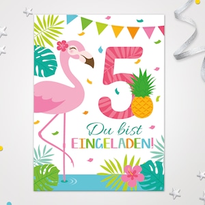 Einladungskarten zum 5. Kindergeburtstag Flamingo coole Einladungen zum fünften Geburtstag Flamingo-Motiv für Mädchen Mädels pink Flamingo