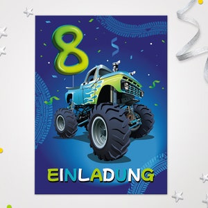 Einladungskarten Monster-Truck zum 8. Kindergeburtstag coole Einladungen zum Geburtstag Baustelle-Motiv für Jungen Bagger Rennauto Truck