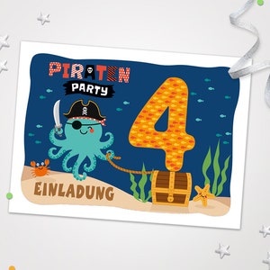 Einladungskarten Krake zum 4. Kindergeburtstag coole Einladungen zum Geburtstag Piraten-Motiv für Jungen Jungs Piraten Seestern Schatztruhe