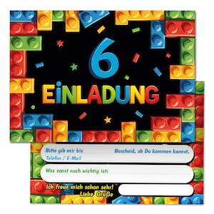 Einladungskarten Bausteine zum 6. Kindergeburtstag coole Einladungen zum sechsten Geburtstag Bauklötze-Motiv Jungen Jungs Building Bricks