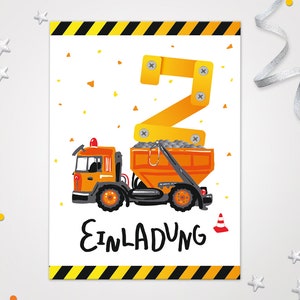 Einladungskarten Baustelle zum 2. Kindergeburtstag coole Einladungen zum Geburtstag Baustelle-Motiv für jungen Jungs Bagger Autos LkW Kran