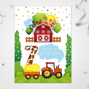 Einladungskarten Bauernhof zum 7. Kindergeburtstag Karten zum Geburtstag Bauernhof-Motiv für Mädchen Jungen Jungs Mädels Einladungen Traktor