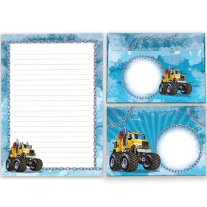Briefpapier-Set Truck Briefblock Umschläge Blöcke für Jungs Jungen Monster Truck-Motiv A5 Notizblock Papier cooles Heft Auto Rennauto car