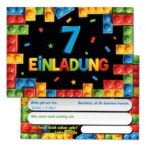 Einladungskarten Bausteine zum 7. Kindergeburtstag coole Einladungen zum siebten Geburtstag Bauklötze-Motiv für Jungen Jungs Building Bricks