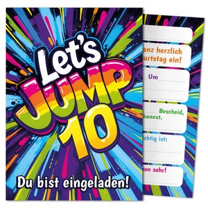 Jump Einladungskarten zum 10 Kindergeburtstag Einladungen zehnte Geburtstag Trampolin Mädchen Jungen Mädels Kinder Springen Jumpen Jump-Park