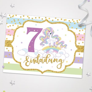 Einladungskarten Einhorn zum 7. Kindergeburtstag Einladungen zum Geburtstag Einhorn-Motiv für Mädchen Mädels Karten Regenbogen schöne Karten