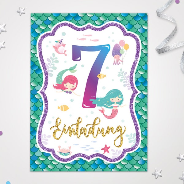 Einladungskarten Meerjungfrau zum 7. Kindergeburtstag coole Einladungen zum Geburtstag Meerjungfrau-Motiv für Mädchen Mädels Nixe Meernixe