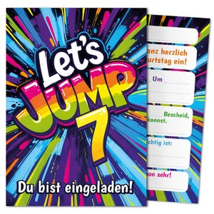 Jump Einladungskarten zum 7. Kindergeburtstag Einladungen siebte Geburtstag Trampolin Mädchen Jungen Mädels Kinder Springen Jumpen Jump-Park