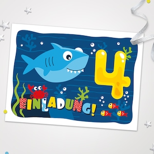 Einladungskarten Hai zum 4. Kindergeburtstag Karten zum Geburtstag Hai-Motiv für Jungen Jungs Mädchen Einladungen Haifisch Krabbe Fische