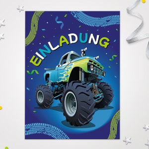 Einladungskarten Monster-Truck zum Kindergeburtstag coole Einladungen zum Geburtstag Baustelle-Motiv für jungen Jungs Bagger Rennauto Truck