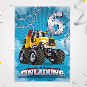 Einladungskarten Monster-Truck zum 6. Kindergeburtstag coole Einladungen zum Geburtstag Baustelle-Motiv für Jungen Bagger Rennauto Truck