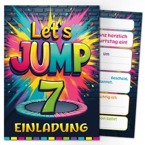 Jump Einladungskarten zum 7. Kindergeburtstag Einladungen siebte Geburtstag Trampolin Mädchen Jungen Mädels Kinder Springen Jumpen Jump-Park