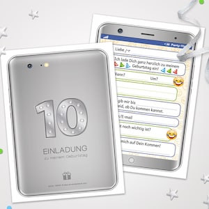 Einladungskarten Tablet zum 10. Kindergeburtstag coole Karten zum Geburtstag für Mädchen Jungen Jungs Mädels Einladungen Handy-Motiv Smiley