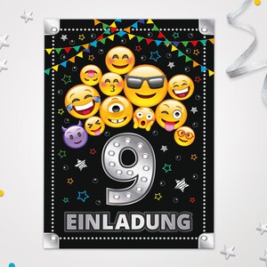 Einladungskarten Emoticons zum 9. Kindergeburtstag coole Karten neunte Geburtstag für Mädchen Jungen Jungs Mädels Einladungen Smiley Motiv